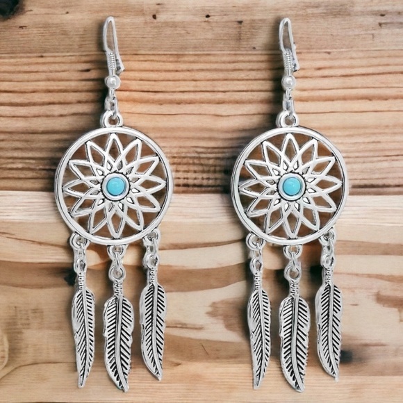 DreamCatcher Boho Feather Dangle Earrings Pierced Native American Aztec Western - Picture 2 of 11